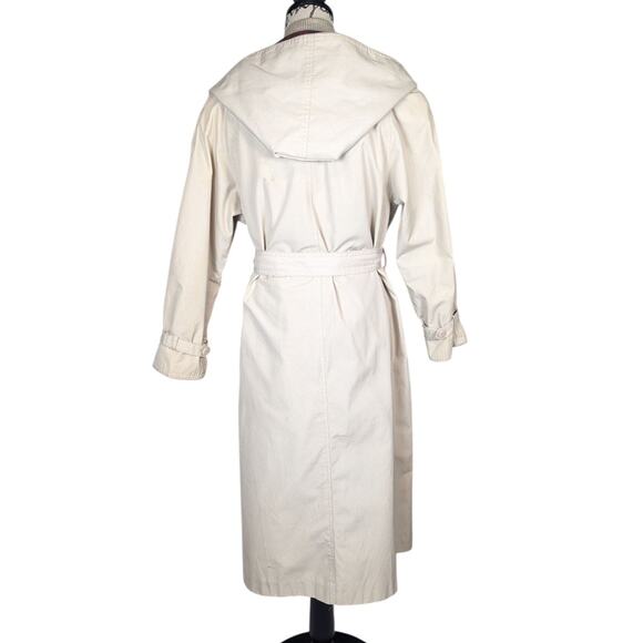 90s Vintage Mervyn's Partner Petites Trenchcoat Lined Hooded Tan Red Plaid Trim - Picture 2 of 16